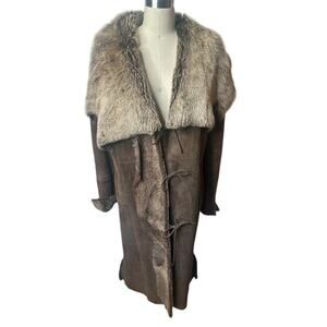 Manzari Taupe Midi Shearling Three Tie Closure Coat Women's Size L